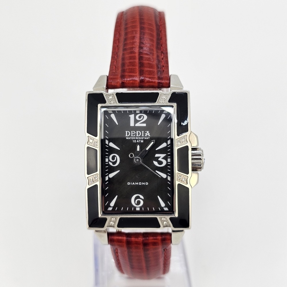 Dedia Diamond Watch Women Analog 26MM Black Dial Red Leather Bands NEW Battery